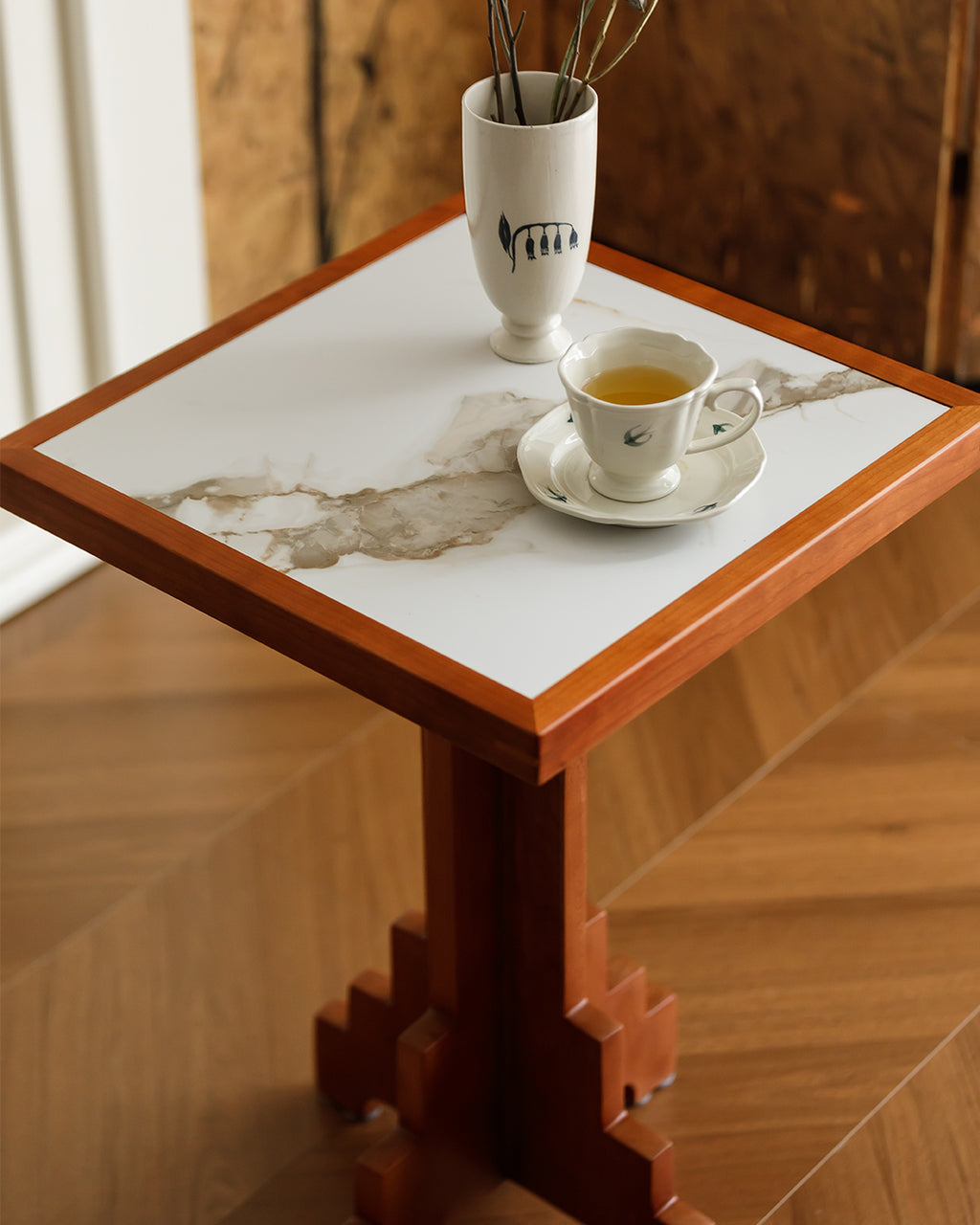 Mid-Century Modern Cherry Wood Side Table with Matte Stone Top