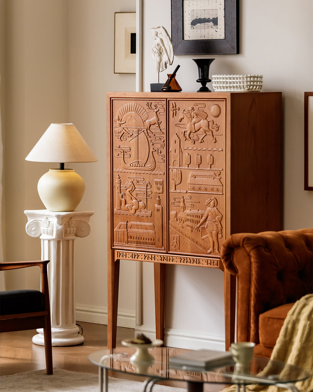 Vintage-Inspired Carved Cherry Wood Cabinet