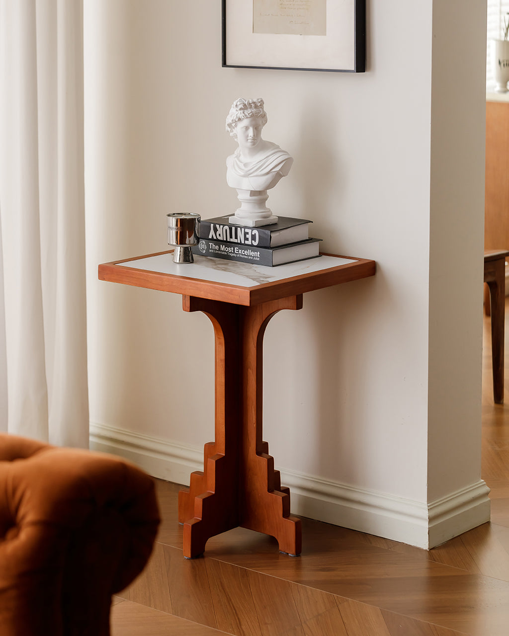 Mid-Century Modern Cherry Wood Side Table with Matte Stone Top