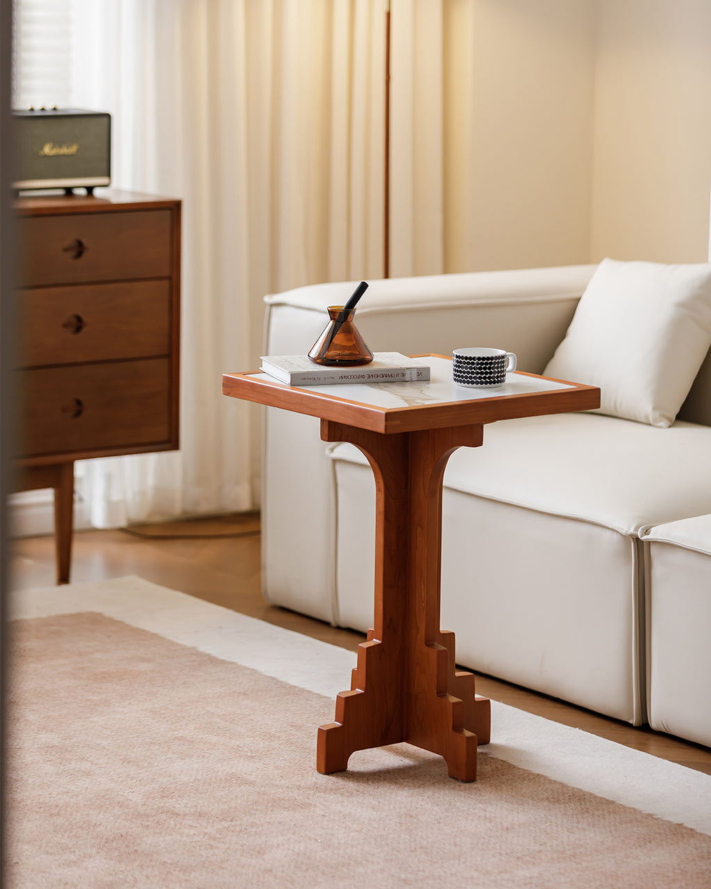 Mid-Century Modern Cherry Wood Side Table with Matte Stone Top