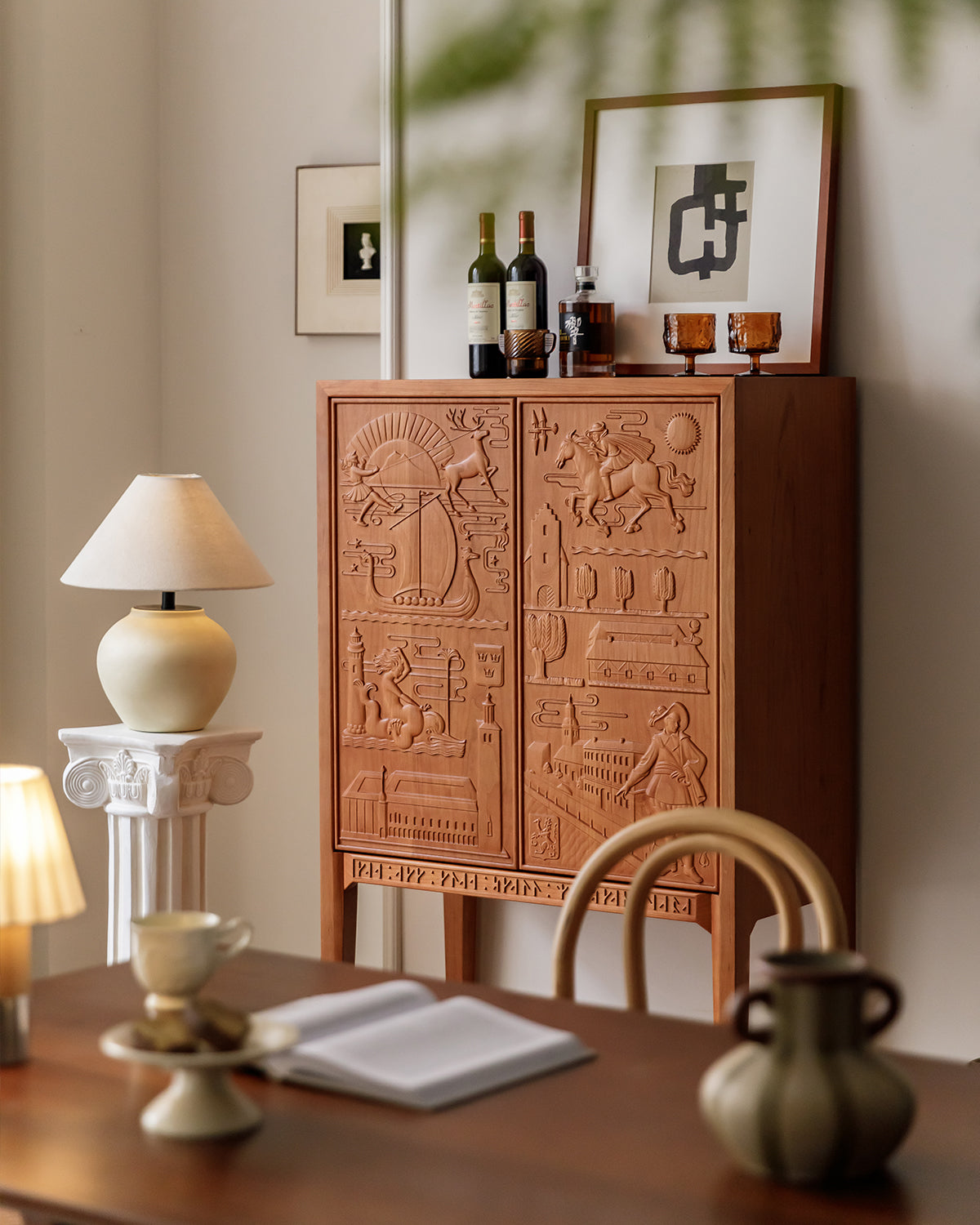 Vintage-Inspired Carved Cherry Wood Cabinet