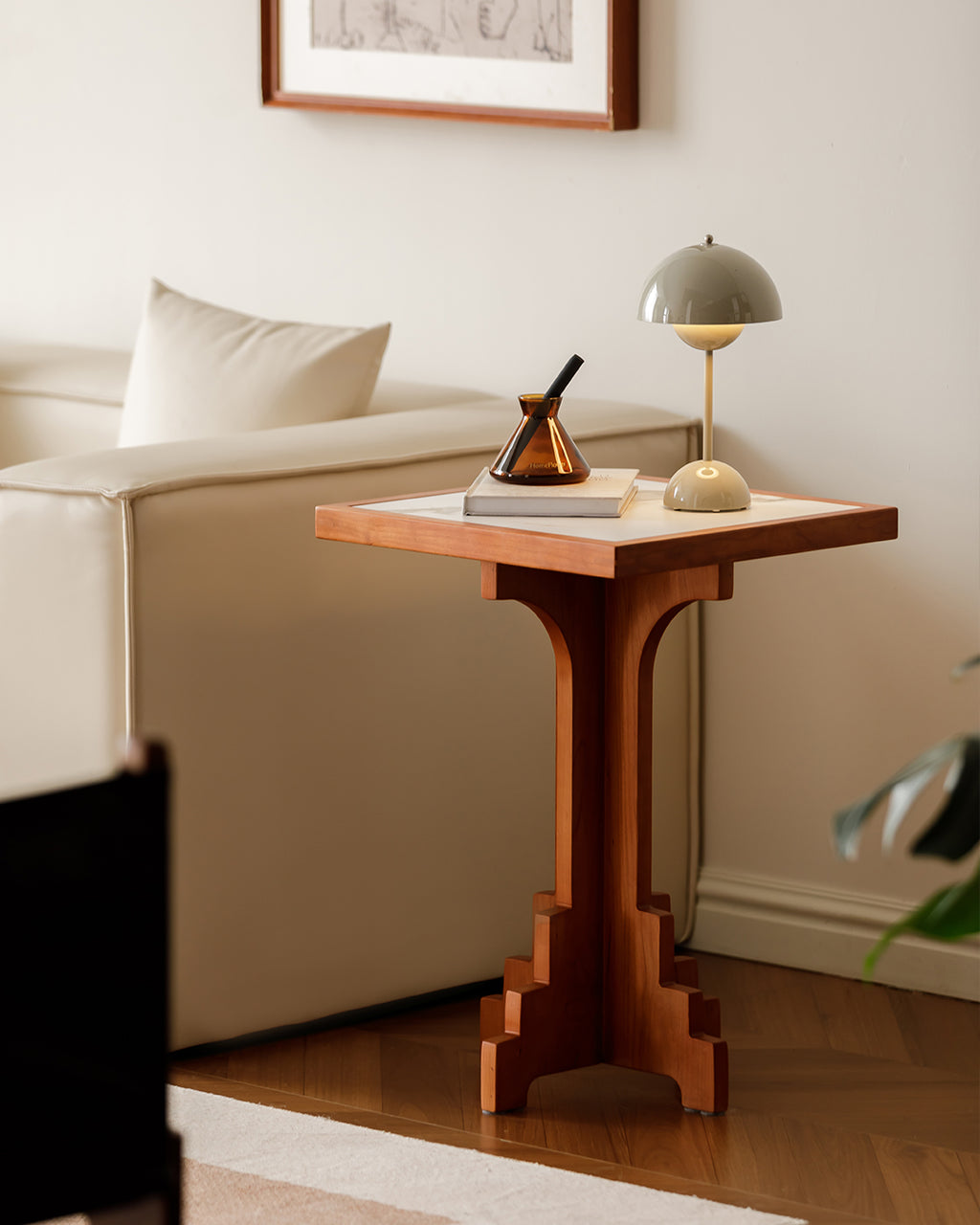 Mid-Century Modern Cherry Wood Side Table with Matte Stone Top