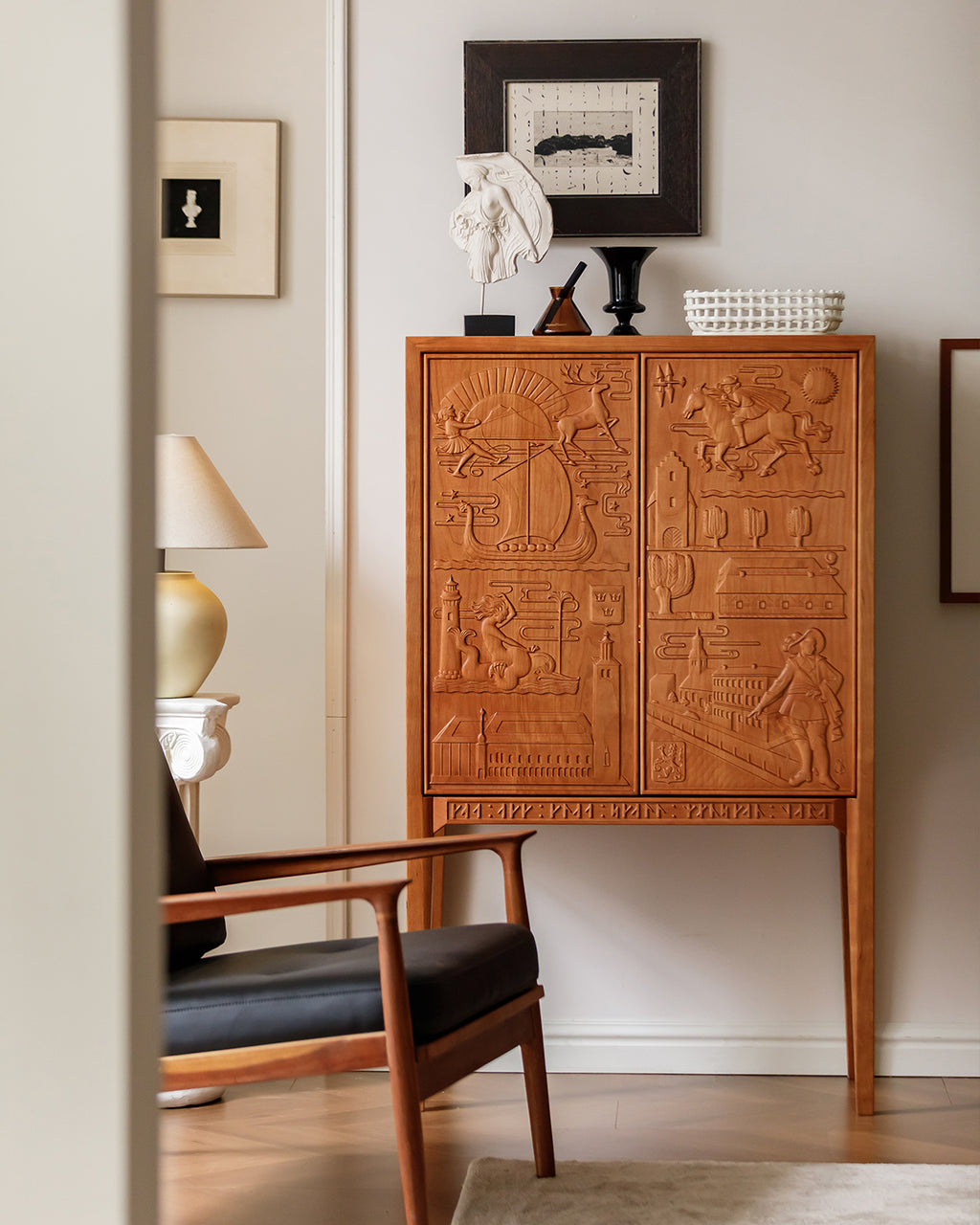 Vintage-Inspired Carved Cherry Wood Cabinet