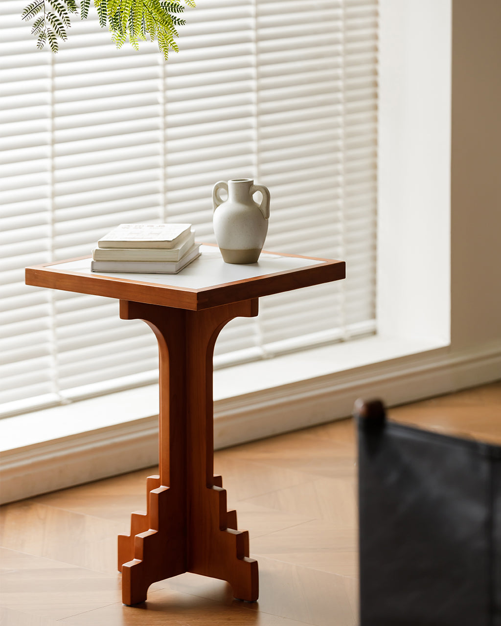 Mid-Century Modern Cherry Wood Side Table with Matte Stone Top