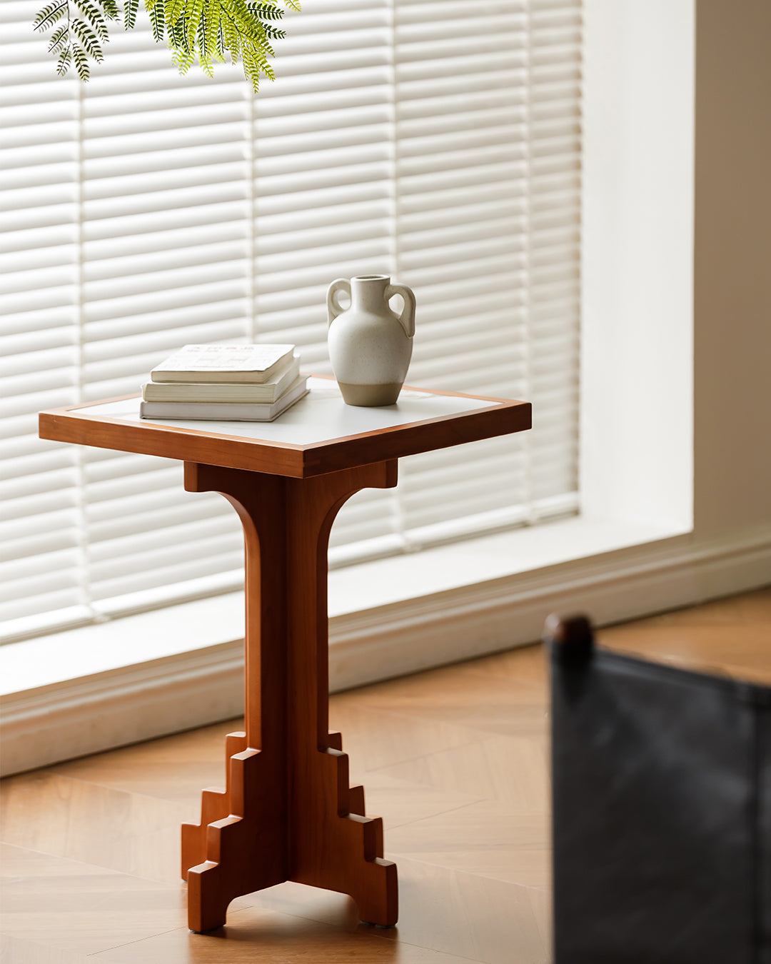 Mid-Century Modern Cherry Wood Side Table with Matte Stone Top