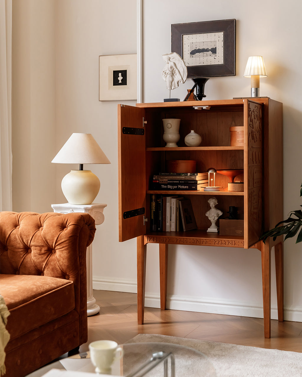 Vintage-Inspired Carved Cherry Wood Cabinet
