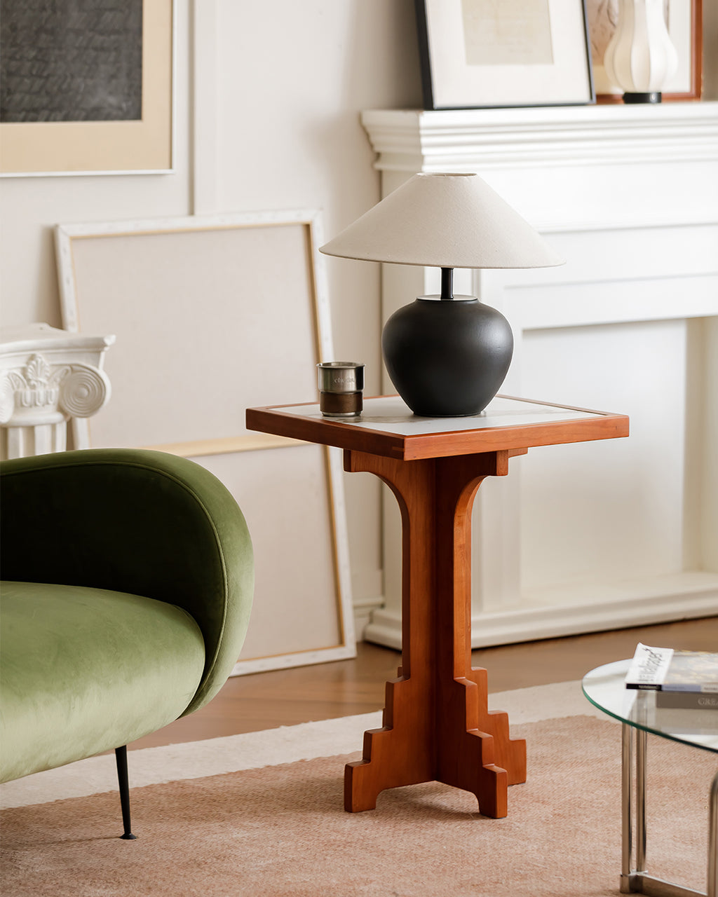 Mid-Century Modern Cherry Wood Side Table with Matte Stone Top