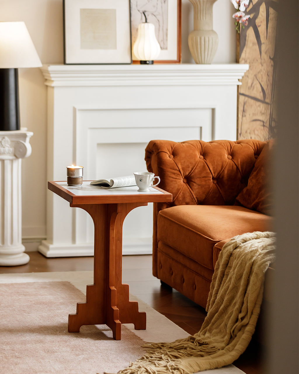 Mid-Century Modern Cherry Wood Side Table with Matte Stone Top