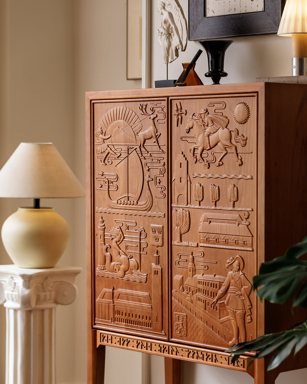 Vintage-Inspired Carved Cherry Wood Cabinet